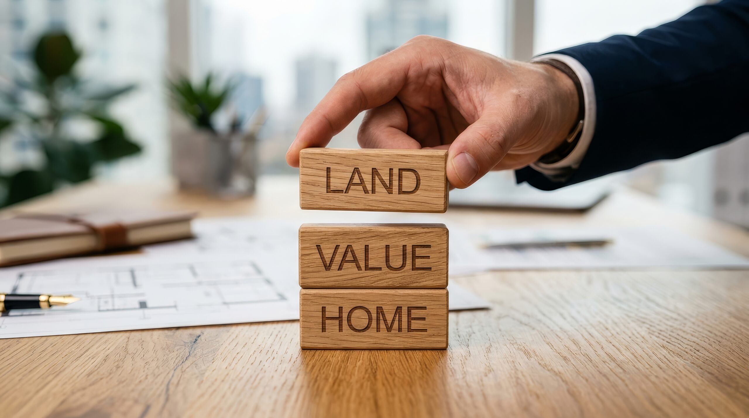Hand stacking wooden blocks with words LAND VALUE HOME